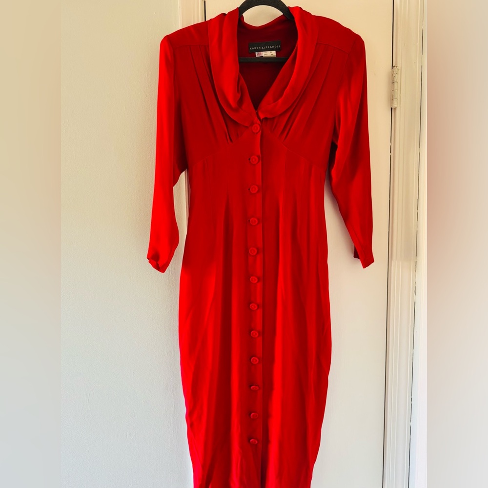 Vintage Karen Alexander Chic Red Shawl Collar  Cinched Waist Button Down Dress